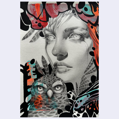Artistic depiction of a woman's face with an owl and colorful abstract elements on a light gray background.
