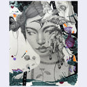 Artistic illustration of a woman's face in greyscale, with imagery of animals superimposed on top such as birds and horses. 