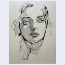 Portrait on cream colored paper of a woman, shaded with stylized hatching lines, looking straight at the viewer with a closed mouth.