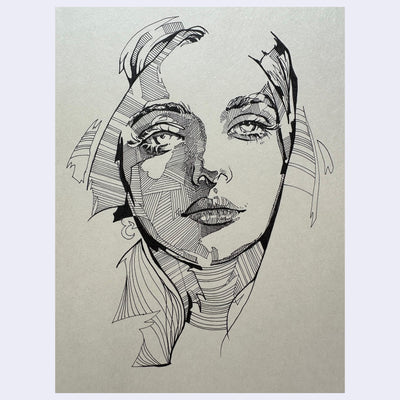 Portrait on cream colored paper of a woman, shaded with stylized hatching lines, looking straight at the viewer with a closed mouth.