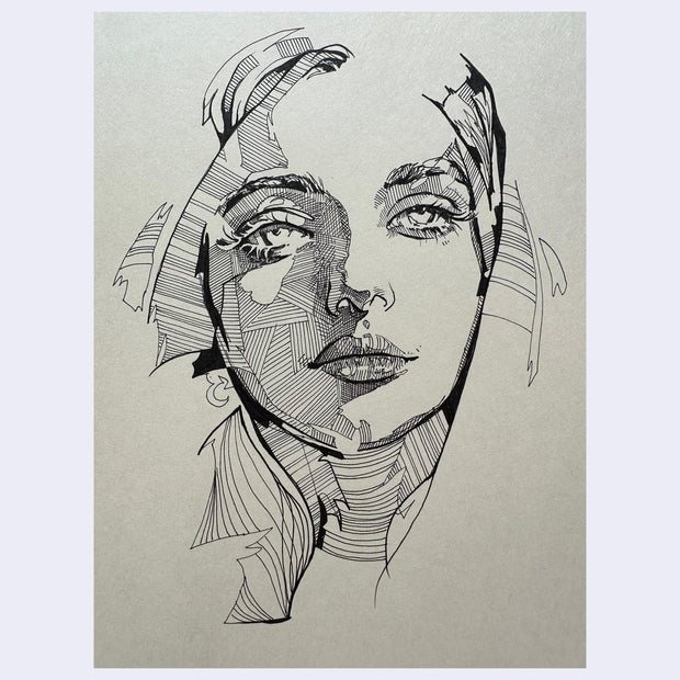 Portrait on cream colored paper of a woman, shaded with stylized hatching lines, looking straight at the viewer with a closed mouth.