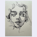 Portrait on cream colored paper of a woman, shaded with stylized hatching lines, looking straight at the viewer with her mouth slightly ajar.