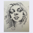 Ink illustration of a woman's face, stylized in its lines. Small wings come off her head.