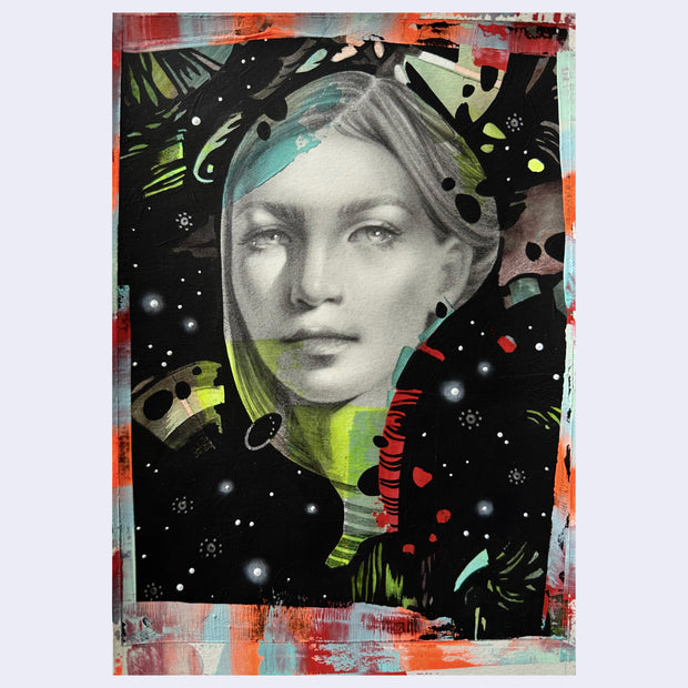 Artistic portrait of a woman, done in graphite, with abstract elements and colorful background