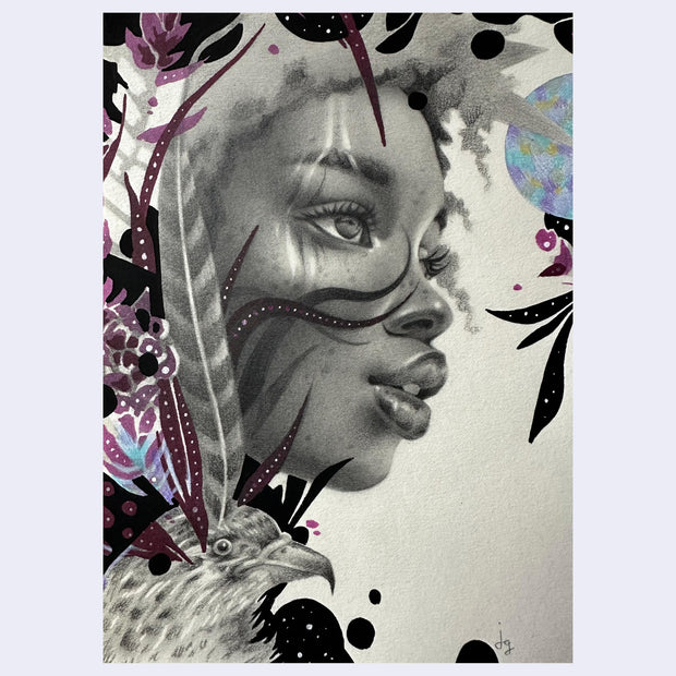 Graphite illustration of a woman's face, seen from the side with feathers and patterning around her.