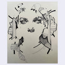 Artistic illustration of a face with abstract elements on a beige background