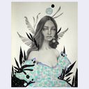 Graphite illustration of a woman seen from the waist up, posing and wearing a blue, purple and orange spotted dress. Feathers are behind her head.