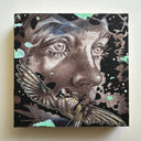 Artistic depiction of a face with a bird perched on it against a dark background