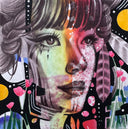 Graphite illustration of a woman's face, close up with bright colorful accent coloring. She has feathers and flowers around her face.