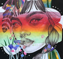 Colorful illustration of a woman's face, close up with strong winged eyeliner. She has flowers and feathers around her.