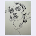 Portrait on cream colored paper of a woman, shaded with stylized hatching lines, looking slightly up with a closed mouth.