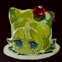 Painting of a blob of green jello, shaped like a girl's head who wears a cat shaped hood hat. Her head is on a white plate and she cries, with shiny tears falling from her eyes. A red cherry is atop her head.