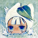 Painting of a girl's head, with large crying blue anime style eyes. She wears a hood hat shaped like white cat ears and has a leaf atop it. TIny chibi Totoros hang around her.