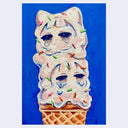 Painting of an ice cream cone with 2 scoops of vanilla melty ice cream, each shaped like a face with animal ears and teary anime eyes. Background is blue.