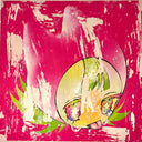 Weathered looking bright reddish pink background illustration on wood, with some of the wood exposed. An anime style girl wears a cat hood hat and cries large tears with her tongue out.