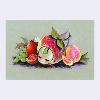 Softly rendered color pencil illustration on gray toned paper of a girl's head wearing a strawberry cap. It sits alongside of figs, pomegranates and grapes akin to a traditional still life.