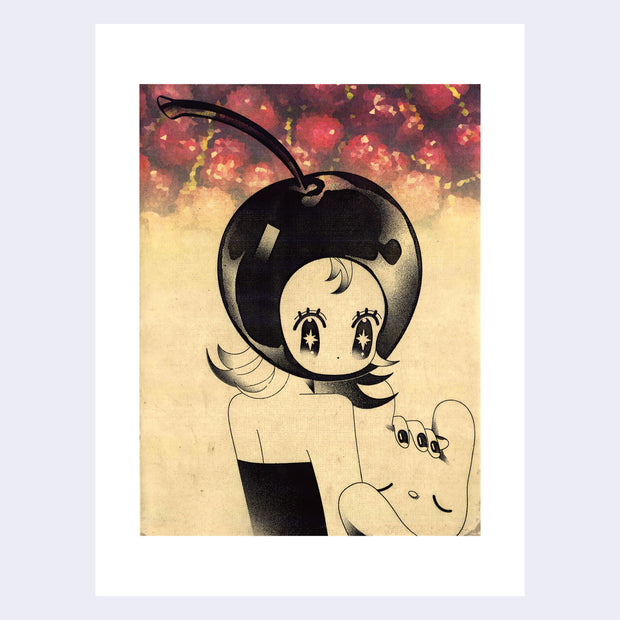 Illustration of an anime style girl, with large starry eyes looking back over her shoulder, only visible from the chest up. She wears a large cherry hood hat and embraces a cartoon bunny. Photos of real cherries decorate the top.