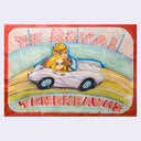 Cartoon-style illustration of two characters in a car with a colorful background and wording around them.