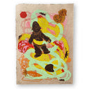 Colorful artwork of a pile of candy, intertwined with a chocolate sailor, chains, nautical themed candies.