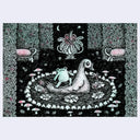 Illustration of a frog standing up on a swan boat in a lake within a mystical garden with flowers and a heart-shaped object.