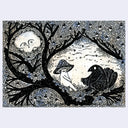 Illustration of a mushroom character and crow sitting in a tree with a moon in the background