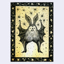 A vertical art work featuring a whimsical black ink illustration of a bat-like creature with long ears and raised wings, set against a cream background with starbursts and a star-patterned border.