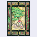 Illustration of the Radish Spirit from Spirited Away, sitting in a wooden bathhouse with a tree behind.