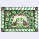 Watercolor illustration of 2 cartoon snails holding hands with hearts around them made of flowers. Piece is a cute patterned drawn border.
