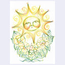 Colored pencil illustration of a yellow sun above several flowers and leaves.