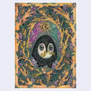 Colorful artwork of an owl holding a worm in its beak, framed by curved tree branches, leaves, mushrooms and cartoon bugs.