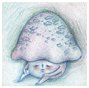 Illustration of a mushroom with a sad expression on a light blue background