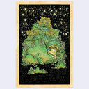 Illustration of a small orange mushroom character peeking out from a rock with large flowers, under a starry night sky.