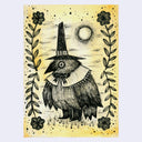 A folk-art style illustration of a raven wearing a tall witch's hat, set against a yellowed parchment-like background with a moon and floral border details.
