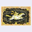 Illustration of a crescent moon character and a star shaped character riding atop of a horse made of clouds. Piece has a drawn orange cloud border.