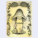 A whimsical folk-art style illustration of a small creature with a large mushroom cap, standing on grass and facing a pair of large wings above. The artwork is rendered in black ink on aged cream paper, with decorative vine borders around the edges.