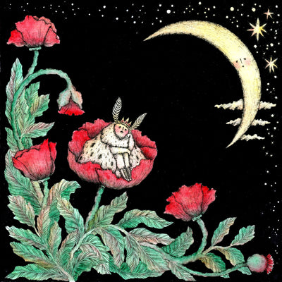 Drawing on black background of a personified moth queen, sitting within a large red flower. It is attached to greenery with other red flowers. She looks up longingly at a very skinny elongated crescent moon.