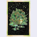 Drawing of a family of cartoon snails, one larger and 2 much smaller, in front of a bunch of plants under a starry night sky.