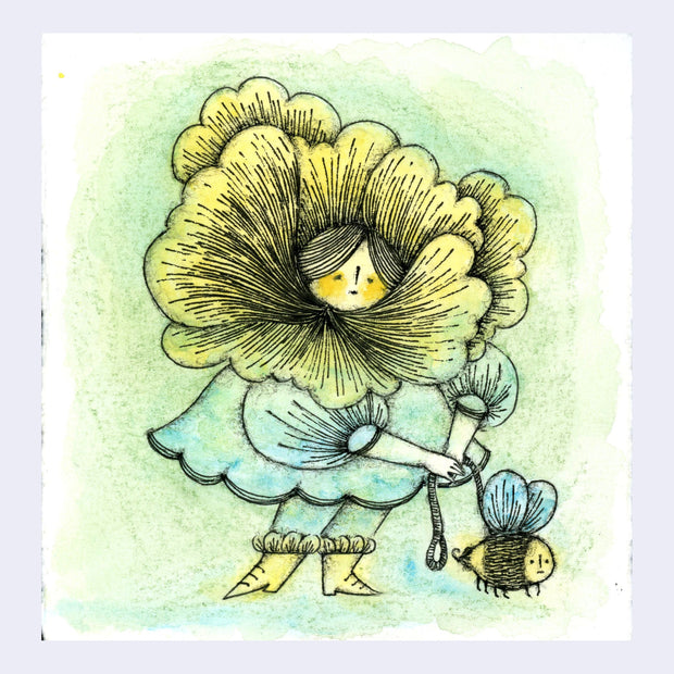 Watercolor sketch of a girl with a yellow flower around her head walking a bee on a leash.