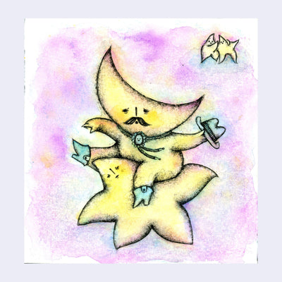 Watercolor sketch of a moon dressed as a cowboy riding atop a star like he's at a rodeo.