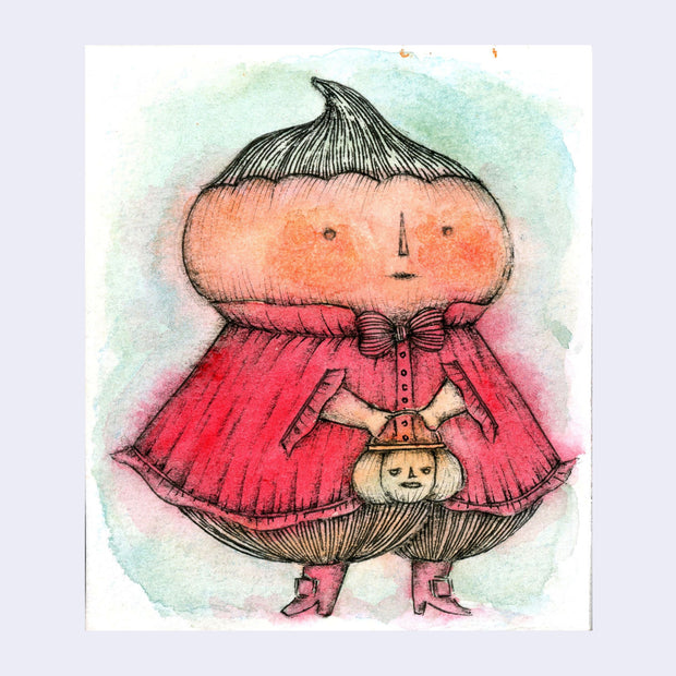 Watercolor sketch of a persimmon person wearing a red cloak and holding a small pumpkin purse.