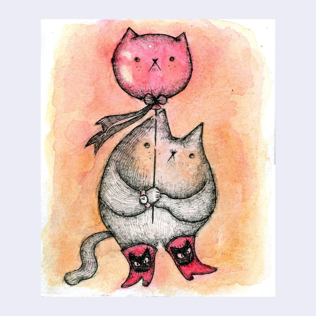 Watercolor sketch of a cat wearing red cowboy boots and holding a red cat head shaped balloon.