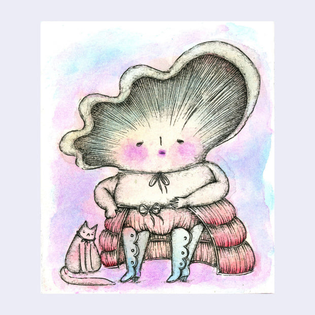 Watercolor sketch of a mushroom wearing a skirt and boots, with a small cat sitting nearby.