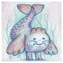 Illustration of a creature with a fish-like body and mermaid tail on a textured background