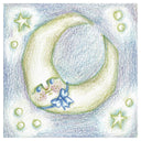Illustration of a crescent moon with a fairy and stars on a textured background