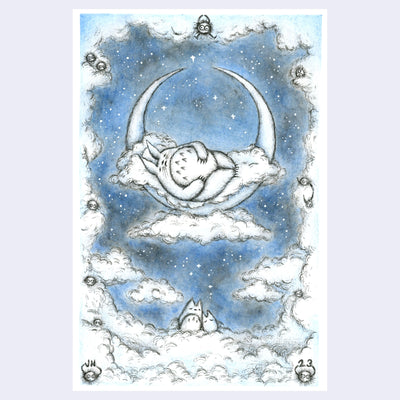 Illustration done in mostly blue and grey tones of a sleeping Totoro, resting on a bed of clouds atop a crescent moon. It floats in the night sky with many clouds framing the scene. 