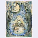 Ink and watercolor illustration in blue, yellow and green tones of a frog sitting on a raised mound in the middle of water, with lily pads circling it. Its framed by tall trees and a large moon with a face looks down at the frog.