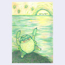 Colored pencil drawing with mostly yellow and greens of a Kappa turtle character standing on a hill on the ocean, dancing and holding up 2 cucumbers. A sun with a pessimistic expression is on the horizon.