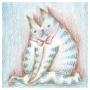 Illustration of a white kitty with blue stripes and a pink bow on a light blue background