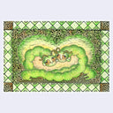 Watercolor illustration of 2 cartoon worms holding hands with flowers around them, making a heart shape. Piece is a cute patterned drawn border.