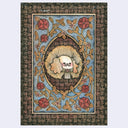 A painting featuring a small brown dog peeking out from a floral wreath, surrounded by red flowers and gold vines on a blue background, with a woven brown border.